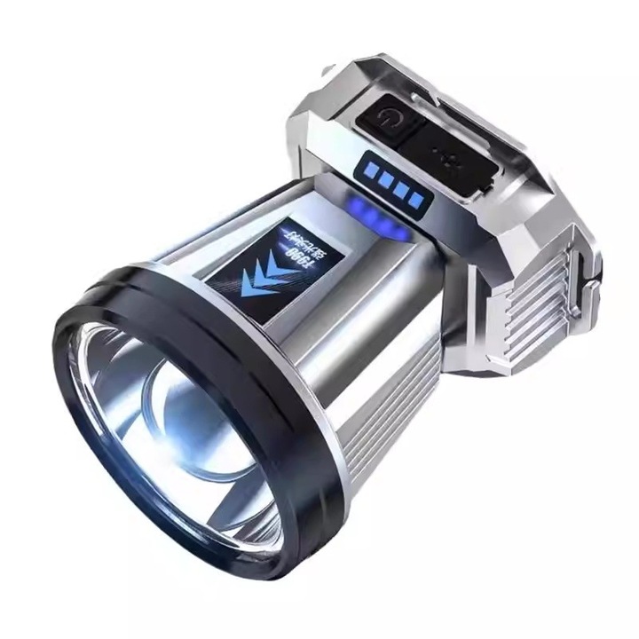 Фенер Power Bank LED, със стойка за глава, USB зареждане, обхват 100-200м, 5W, 3 степени на светлина, дисплей за батерия, сребрист