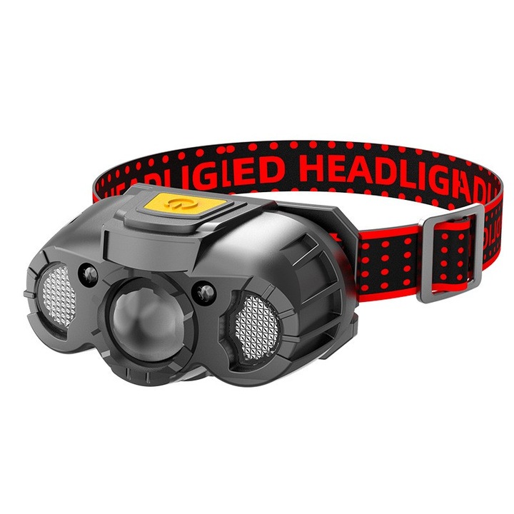 LED челник, с включена стойка, USB Type-C зареждане, обхват 100-200 м, 5 W, 6 нива на яркост, 400 mAh, сив