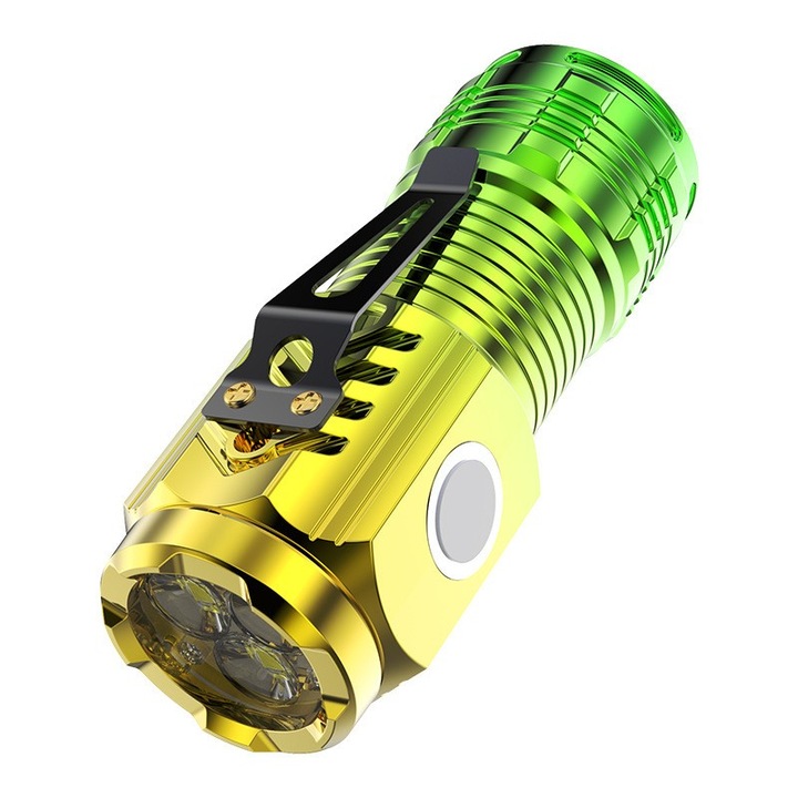 Фенер с 3 Led ядра, USB зареждане, автономност 4-20h, максимален обхват 100-200 m, 5W, 4 x 4 x 9 cm, скоба за окачване, магнитно дъно, жълто/зелено