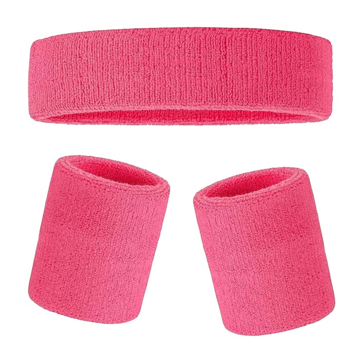 Set bandana si 2 mansete Sport Enforose, Elasticitate Buna, roz, 18x5cm si 8x8cm