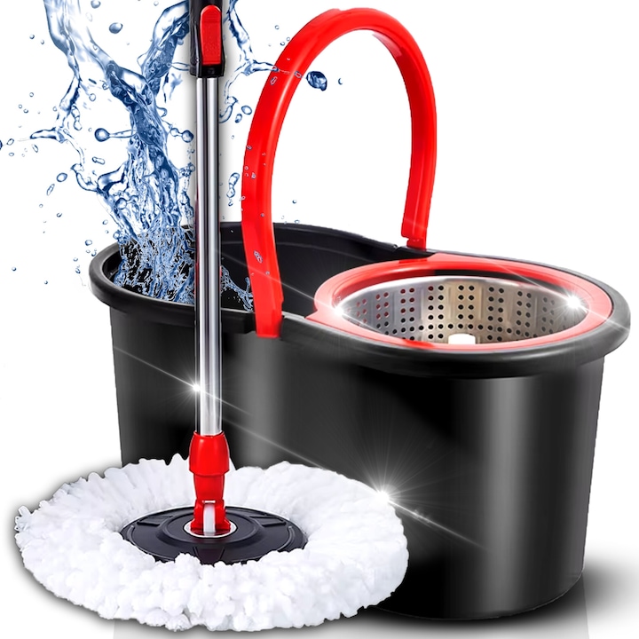 Ротационен моп 360 Spin Turbo 3 в 1, с резерви, кофа на колела, ротационно действие, микрофибър, телескопична дръжка, червено черно