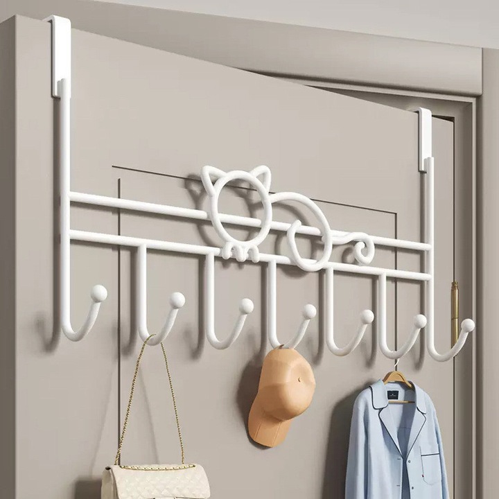 Cuier pentru usa cu 7 agatatori, 41.5x20cm, pisica alba mat, 0163