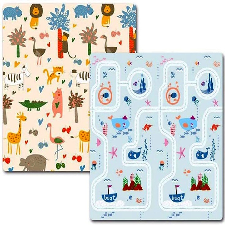 Covoras de joaca pentru copii, 2 fete-lumea animalelor si calatorie pe mare, spuma, impermeabil, antiderapant, 200x180x0.8 cm