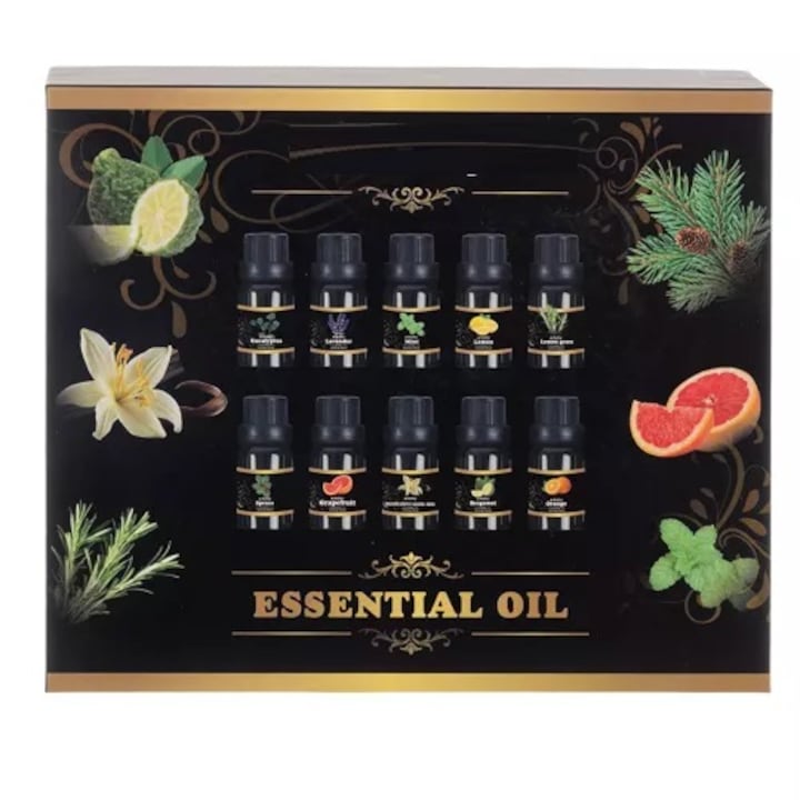 Set 10 uleiuri esentiale CLASStitude, solubile in apa, pentru relaxare, aromaterapie, umidificator si SPA, arome diferite, 15 ml, sticluta 7 cm, dimensiune pachet 20.5 x 17 x 3.5 cm, Negru