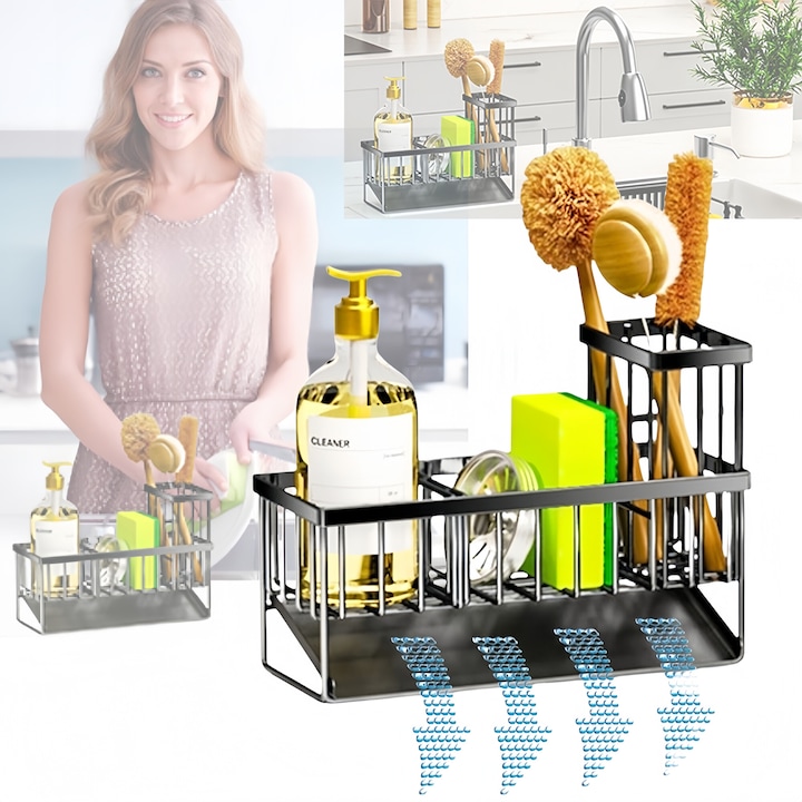 Suport de depozitare pentru chiuveta de bucatarie multifunctional, Excitat, design de drenaj in panta, suport independent pentru perie detasabil, compartiment de depozitare reglabil, 23.2×9.3×15.8cm, negru