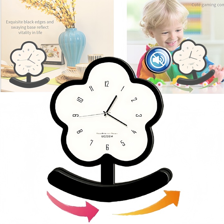 Dekoratív óra talppal, Izgatott, gravírozott virágforma, fa talp, plexi számlap, néma utazási idő, Ívelt talp álló/lengő, modern és friss fazon, lakberendezési célra is alkalmas, fekete/fehér