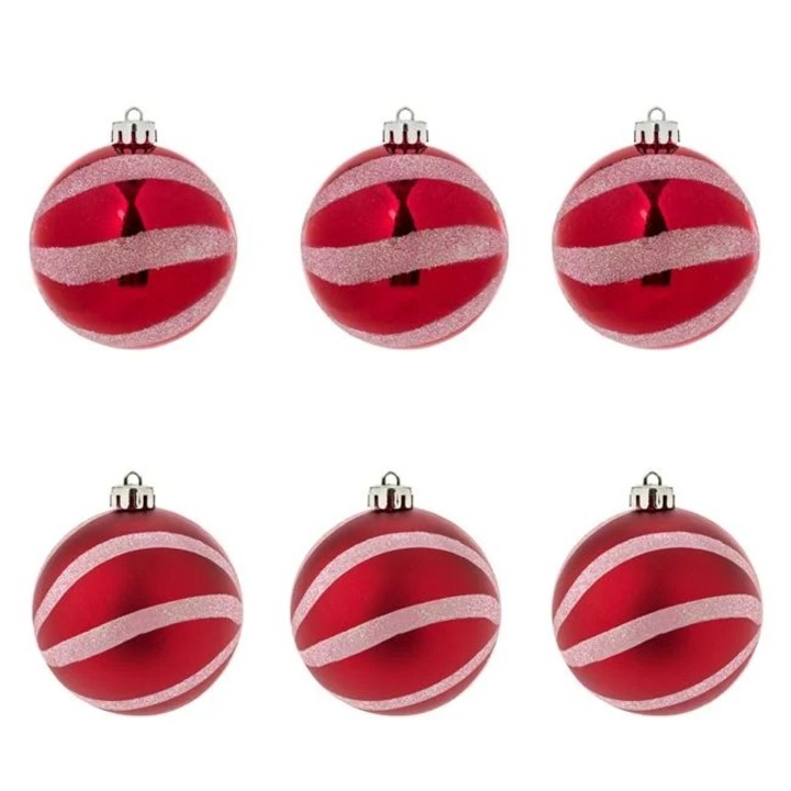 Set 6 globuri de Craciun Antbro® de culoare rosie mate cu dunga alba cu glitter, din plastic, 8cm