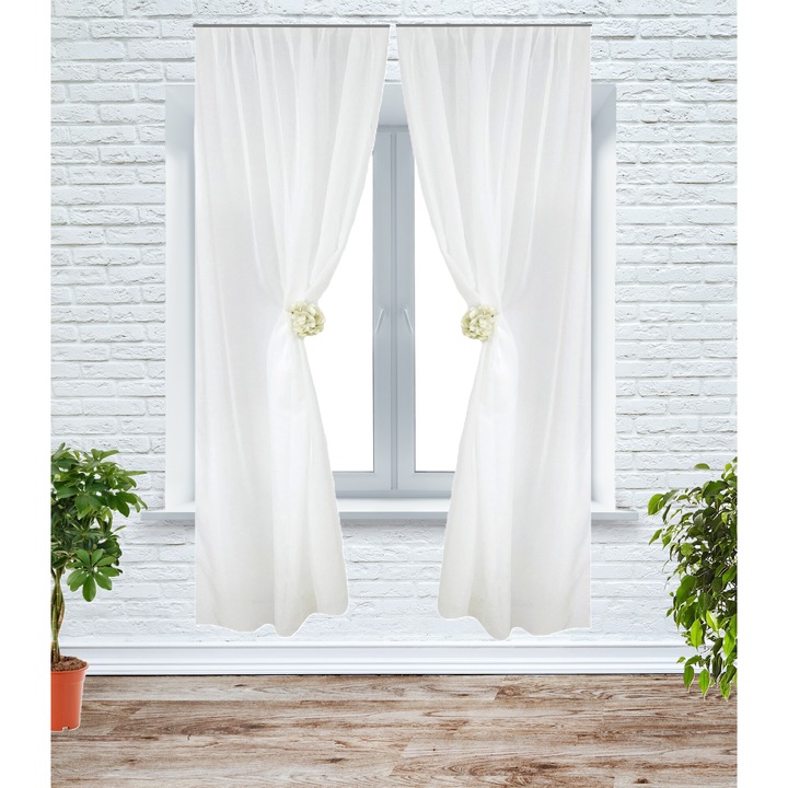 Set 2 perdele voal simplu, 2x145x165 cm, cu clips floare, alb