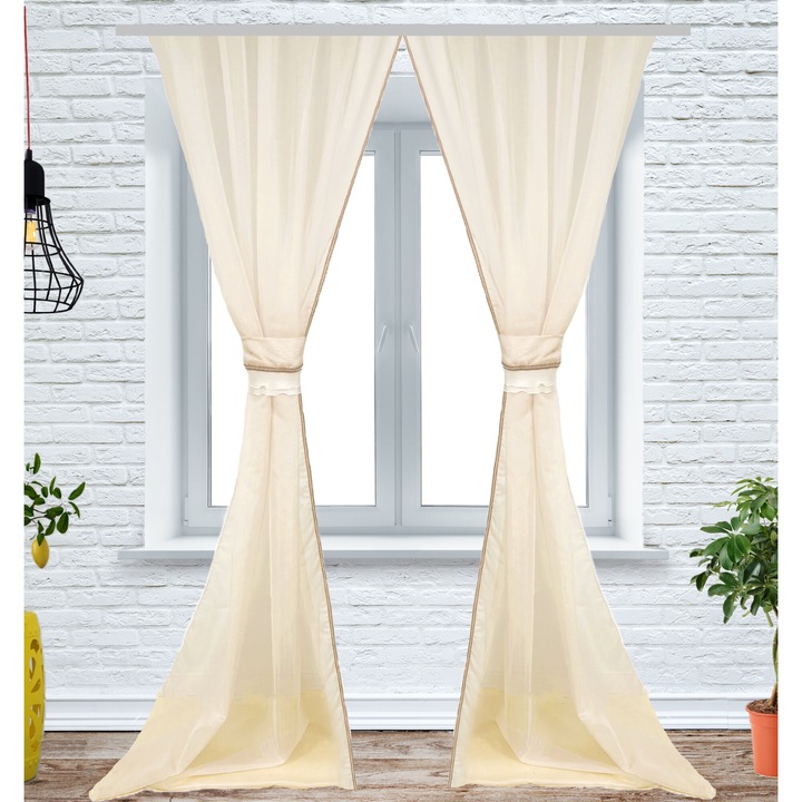 Set 2 perdele decorative din matase sidefata, 2x150x250 cm, cu margine tip perle, cappuccino