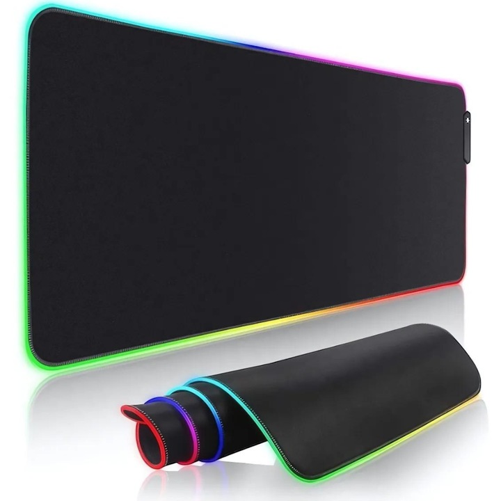 Mousepad cauciucat gaming JIJU®, profesional, LED RGB, 14 moduri de iluminare, baza antiderapanta, alimentare USB, buton pentru schimbare lumini, 80x30x0.4 cm, negru