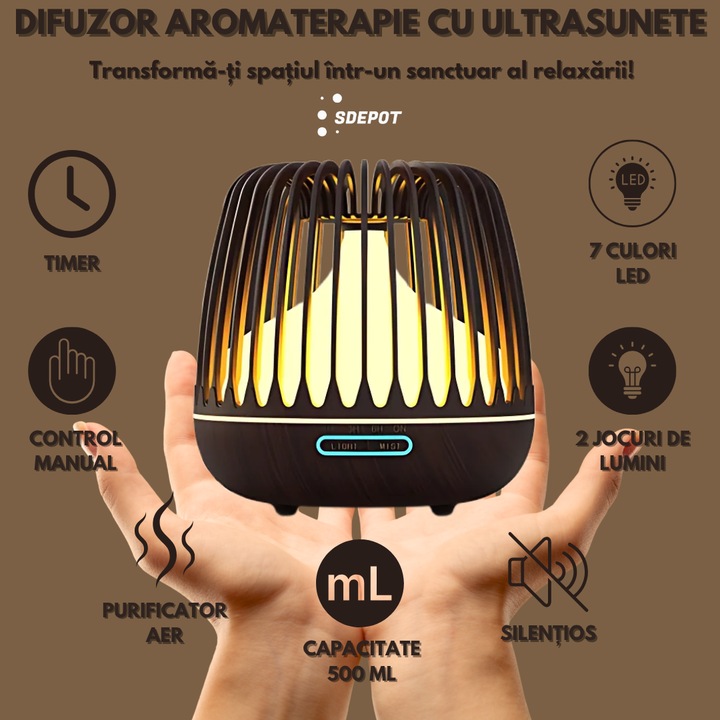 Difuzor pentru aromaterapie SDEPOT®, umidificator, cu lumina LED 7 culori, capacitate 500 ml, maro