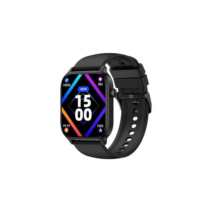 Ceas smartwatch rezistent la apa, Apeluri, Microfon, Difuzor, Notificari/Sms/Social Media, monitorizare activitati fizice, sensor temperature corporala, ritm cardiac, alarma, incarcare rapida, curea silicon, Negru