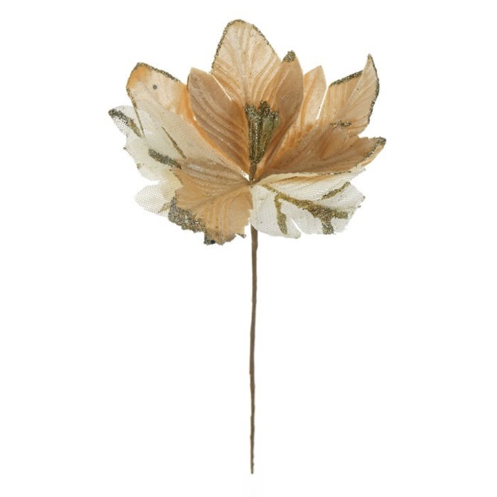 Floare decorativa brad Craciun Antbro® aurie cu insertii de sclipici pe margine, 24 cm