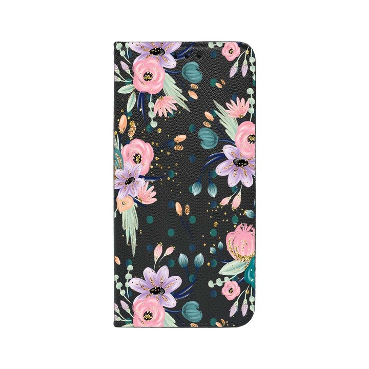 Калъф тип тефтер Bestcase за Motorola Moto G54 Power Edition / Moto G54, Flowers Collection, Magnetic Flip Case, Black FLB 495