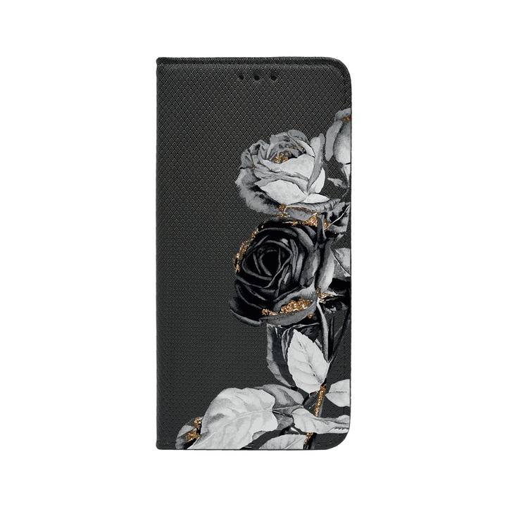 Oldalra nyíló mágneses telefontok, kompatibilis model Xiaomi Redmi 14C, Black Rose, Bankkártya tartó, állvány funkció, FLB 990