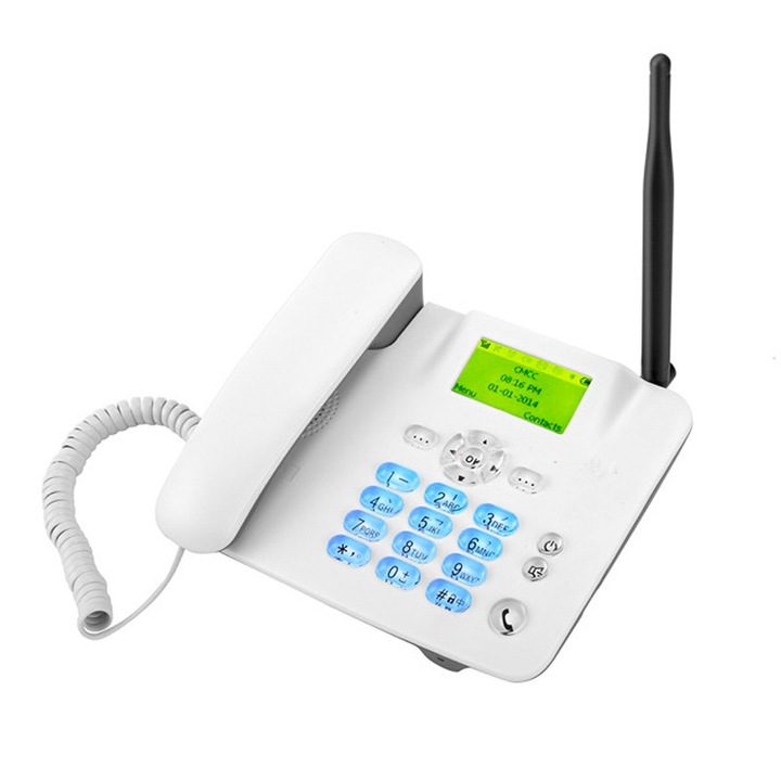Telefon fix fara fir GSM, alb, 190x175x70mm, suport SIM, radio FM, pentru birou si acasa