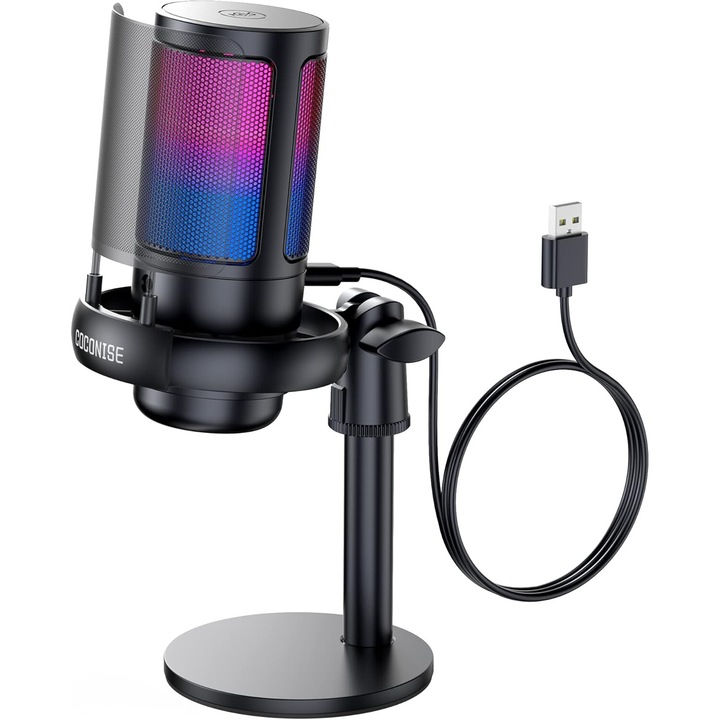 Seilylanka USB микрофон, RGB, кардиоиден, черен, 20,5x9 см, с бутон за заглушаване и поп филтър