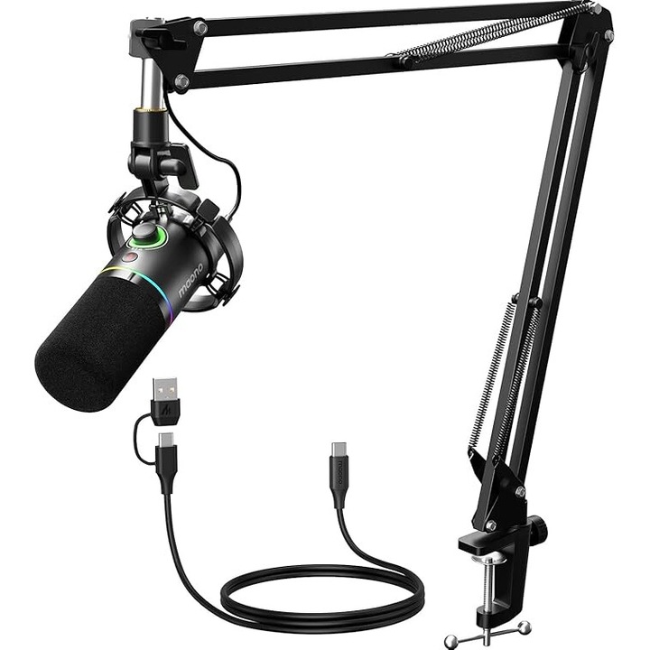 Микрофон Seilylanka за игри и стрийминг, кардиоиден, с RGB светлина, поддръжка на удар, USB, черен, 11,5x17 см