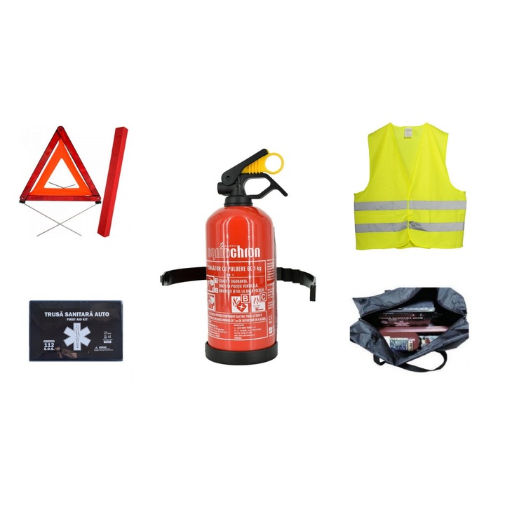 Одобрен от RAR Ideal-Store комплект за пътна безопасност Валиден за 5 ГОДИНИ 1 x Акумулаторен пожарогасител 1 kg, 1 x Комплект за първа помощ, 1 x Триъгълник, 1 x Светлоотразителна жилетка с чанта за съхранение