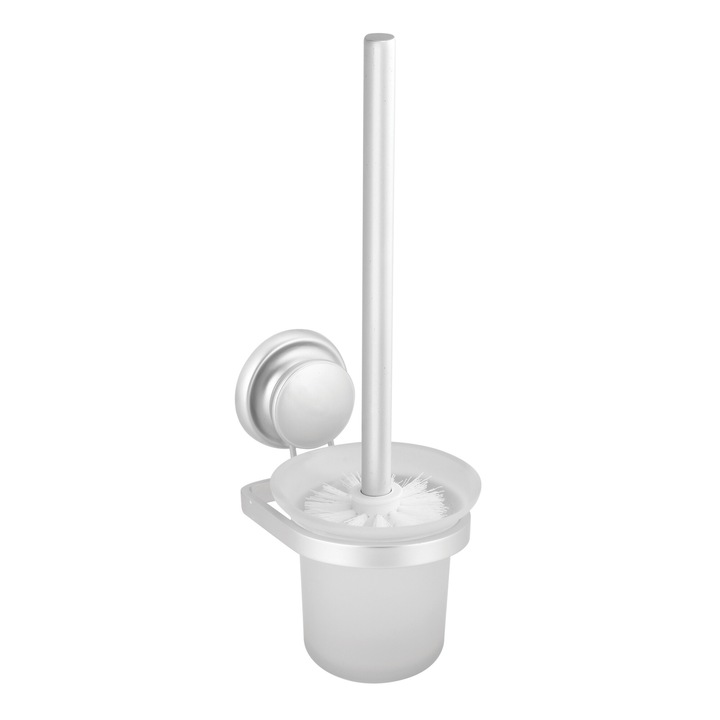 Perie WC din aluminiu si sticla, finisaj alb cromat, 35 x 12 x 16 cm, cu prindere pe mega ventuza