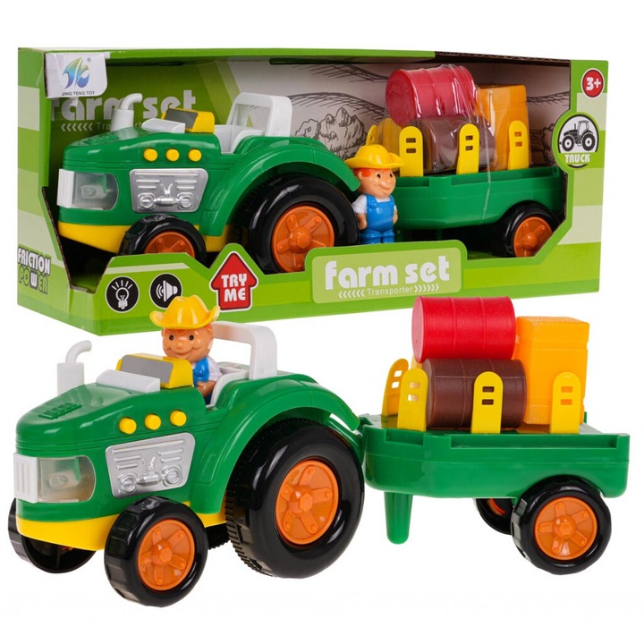 Set tractor cu fermier si accesorii, interactiv, efecte sonore si luminoase, multicolor, 32x10x13cm