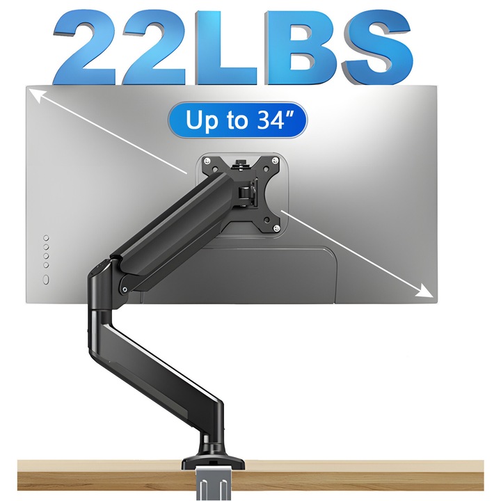 Suport birou monitor, Excitat®, 13-34 inch, Suport gaz cu arc, Sarcina maxima 10 kg, Brat Reglabil Asistat Baza C-clamp/grommet, Organizator cabluri, Stil Minimalist pentru Birou Office, Gaming, 39.5×20×9 cm