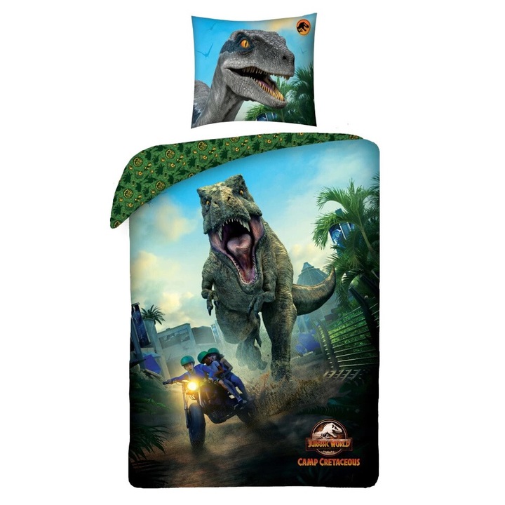 Lenjerie de pat microfibra copii Jurassic World, 2 piese 140x200 cm, 63x63 cm Verde