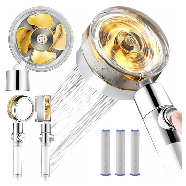 Para de dus, Verk Group, cu turbina si filtru apa, cap pivotant 360 de grade, argintiu lucios, 26cm