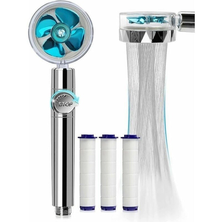 Para cap de dus cu elice, de mare presiune, cu filtru de purificare a apei, rotatie 360°, buton ON/OFF, din metal, argintiu