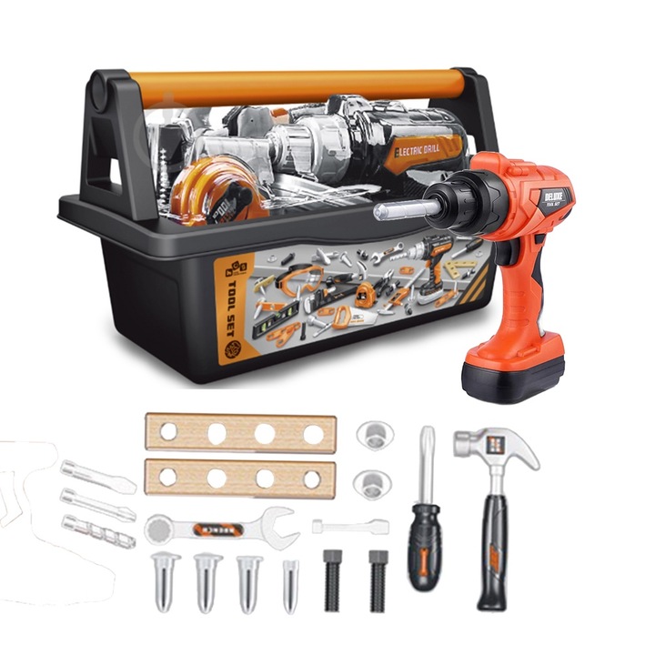 Set trusa de unelte, Tool-set, cu bormasina electrica, 18 piese, 28 cm, + 3 ani, multicolor, Vision XXI