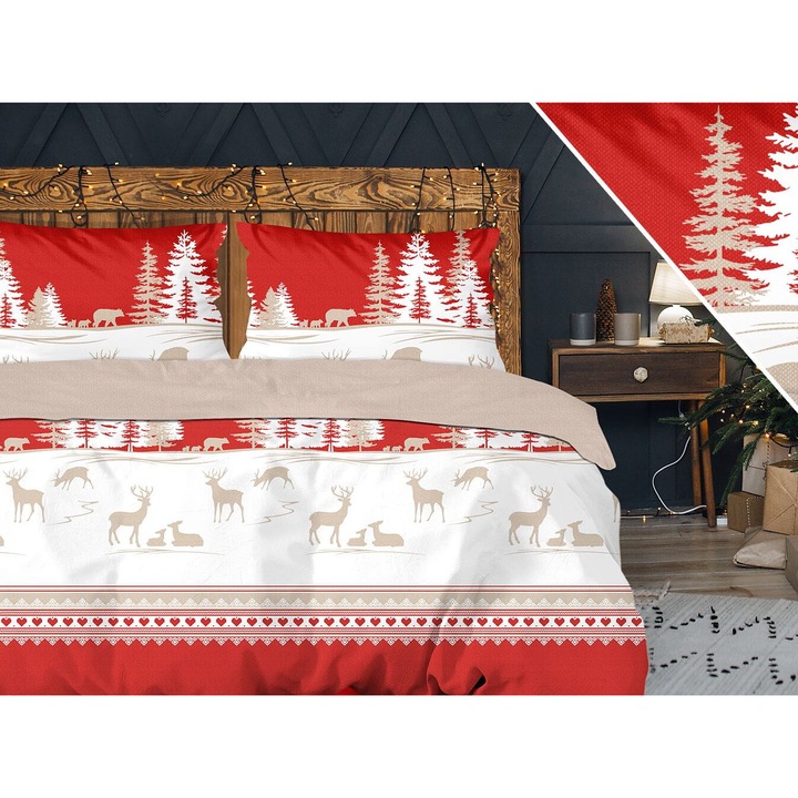 Karácsonyi ágynemű Rénszarvas Karácsonyi Erdő 220x200 100% Pamut