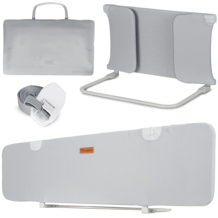 Bariera de protectie pentru pat Nukido Gri 150x44x41 cm pliabila, Husa detasabila, Colturi rotunjite, Sistem de blocare impotriva plierii accidentale, Geanta cu fermoar inclusa