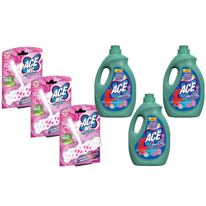 Set Curatenie Ace 6 x Valuepack, 3 x Odorizant Wc 48g Eucalipt Flower, 3 x Solutie Pete 2.3l Color Lavanda Muschio Bianco, fresh aroma, parfum floral, distruge calcarul, rapid si eficient, testat dermatologic, prospetime de lunga durata