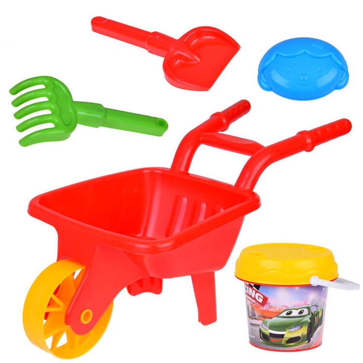 Set cutie cu nisip cu roaba, Ramiz, galeata, lopata, grebla in rosu