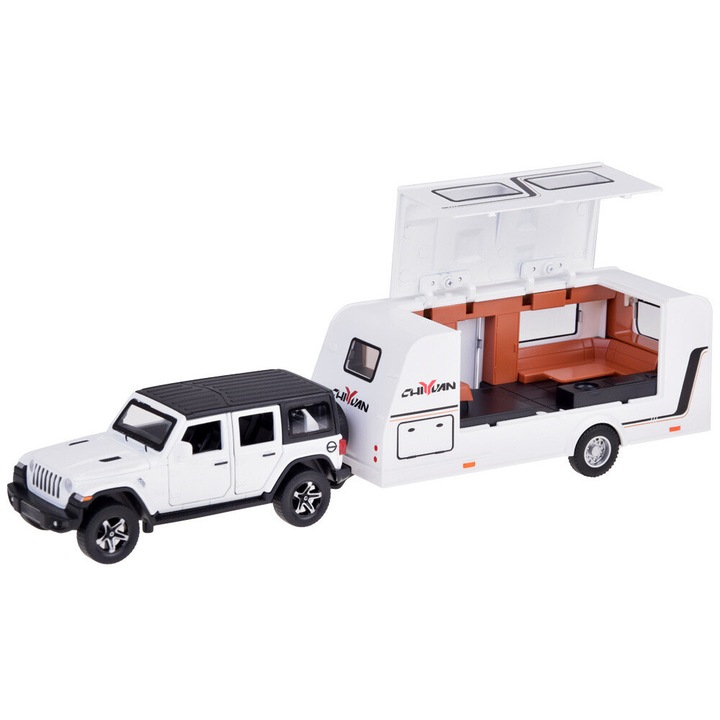 Vehicul de teren din metal alb cu rulota la scara 1:32 cu efecte de sunet si lumina