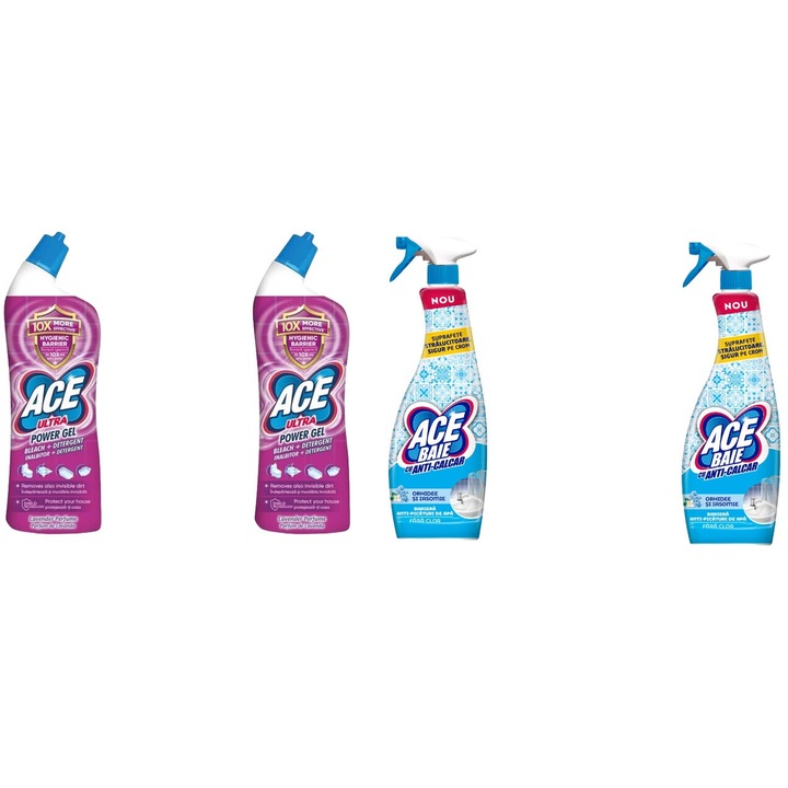 Ace Cleaning Set 4 x Valuepack, 2 x Power Gel 750 ml Fresh, 2 x klórmentes fürdő spray oldat 650 ml orchidea és jázmin, vízkő elpusztítása, gyors és hatékony, bőrgyógyászatilag tesztelt, hosszan tartó frissesség, maximális hatékonyság