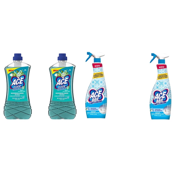 Set Curatenie Ace 4 x Valuepack, 2 x Solutie Pardoseli 1l Talc Mosc Alb, 2 x Solutie Spray Baie Fara Clor 650ml Orhidee Si Iasomie, fresh aroma, parfum floral, distruge calcarul, rapid si eficient, testat dermatologic, prospetime de lunga durata