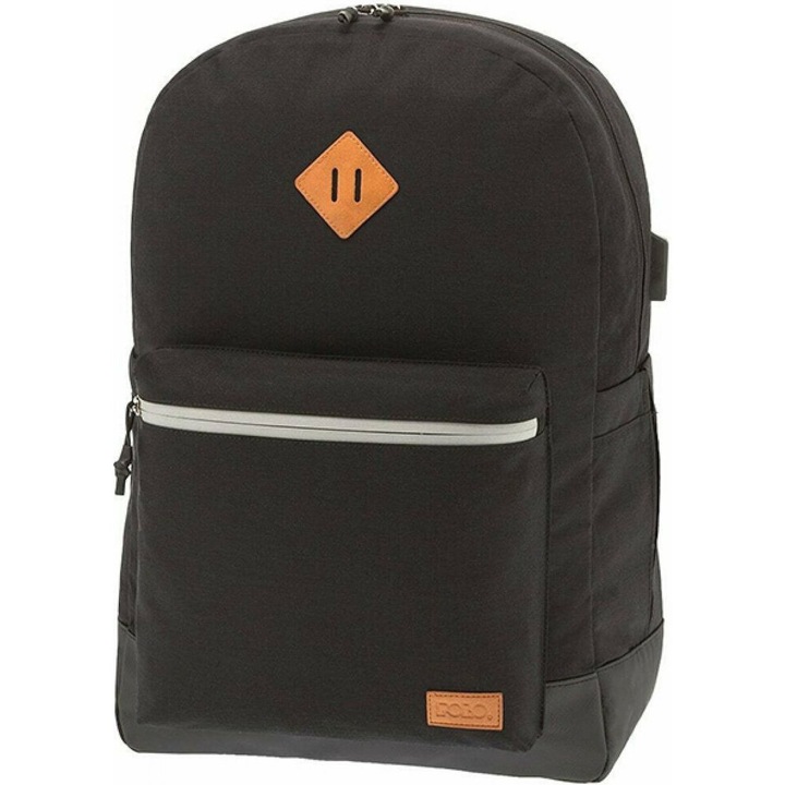 Ghiozdan, Polo, plastic, 46 x 32 x 18 cm, cu buzunare externe, negru