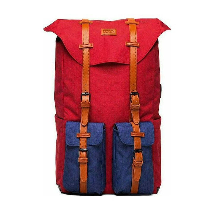 Rucsac Polo, rosu-albastru, 42x28x15cm, cu suport pentru laptop, 4 buzunare externe