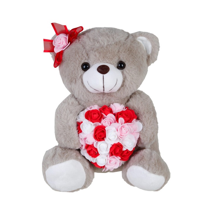 Jucarie de plus, urs cu flori roz si rosii, 20cm