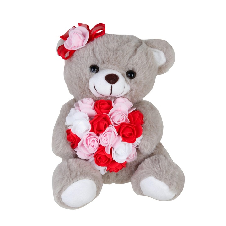 Jucarie de plus, design urs cu flori roz si rosii, 30cm