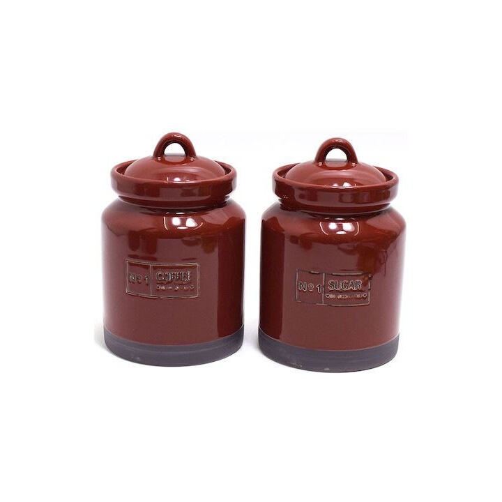 Set 2 borcane Marva pentru zahar si cafea cu capac ceramic, rosu, 11 x 11 x 18 cm