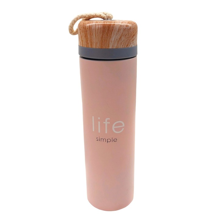 Termos Natural Life, inox, roz, 380ml, 22x7cm, design umbrela