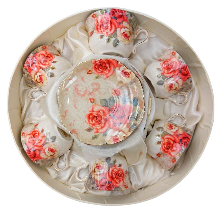 Set 6 cani cafea Italiene Porselane Fine, cu trandafiri rosii si detalii aurii