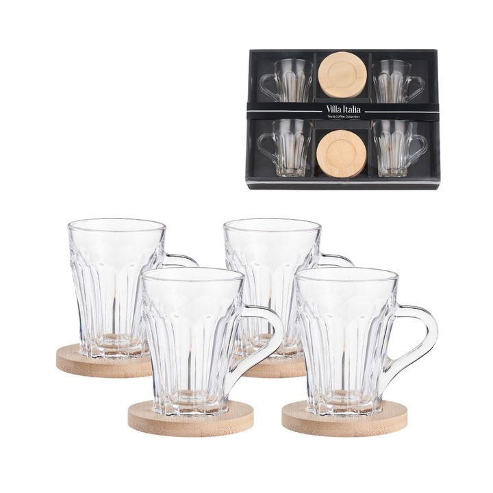 Set 4 cesti de cafea cu suporturi, Villa Italia, Tiago, 140 ml, transparent/bej, 7x9cm