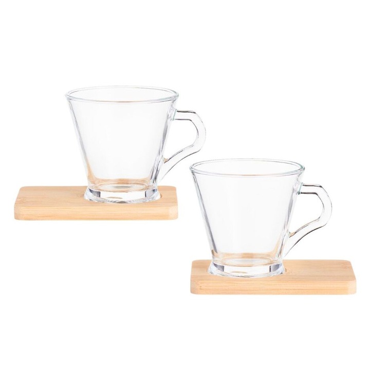 Set 2 Cesti, Villa Italia, Sticla, Suporturi din bambus, 160 ml, 8.3 x 7.8 x 5.5 cm, Transparent / Bej