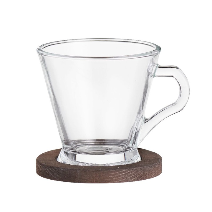 Ceasca din sticla cu suport din lemn, Villa Italia, 160 ml, transparent si maro, set cadou