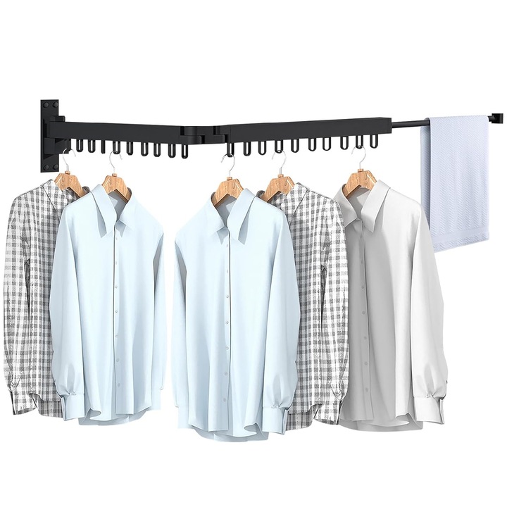 Suport de uscare pentru haine, CAMEANE™ 84 cm, Rulment rotativ la 180 °, retractabil cu carlige, usor de instalat, uscator de rufe cu capacitate mare de incarcare, pentru balcon, baie, dormitor, negru