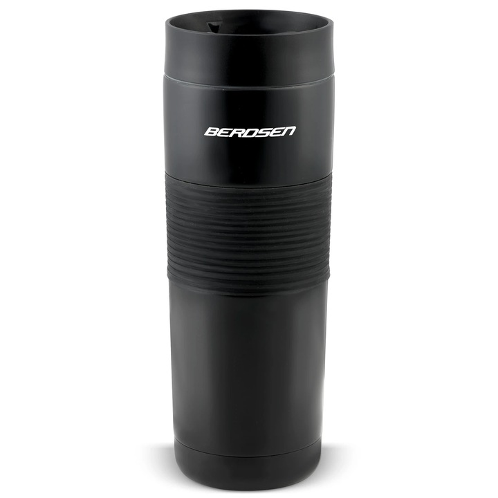 Termos, fabricat din otel inoxidabil, husa anti-alunecare, capac strans, cu un buton, pai, capacitate 590 ml, negru