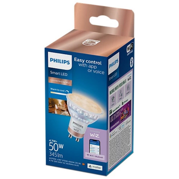 Интелигентен спот LED Philips, Wi-Fi, Bluetooth, Matter, PAR16, GU10, 4.7W (50W), 345 лумена, Регулируема температура на светлината (2700-6500K), Енергиен клас F